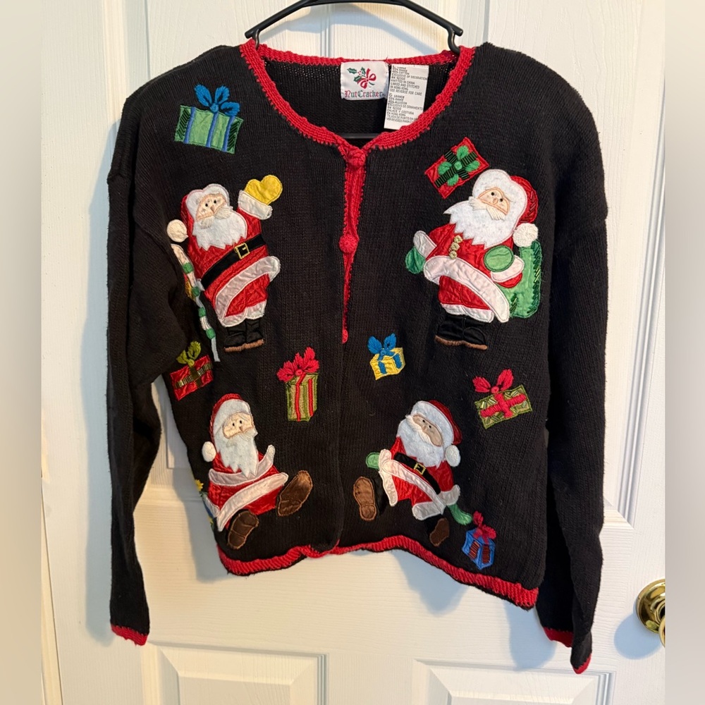 Vintage Black Cardigan with Santa’s & Gifts Size L